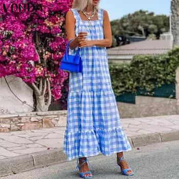 VONDA Женское летнее свободное платье трапециевидной формы без рукавов с квадратным вырезом в клетку