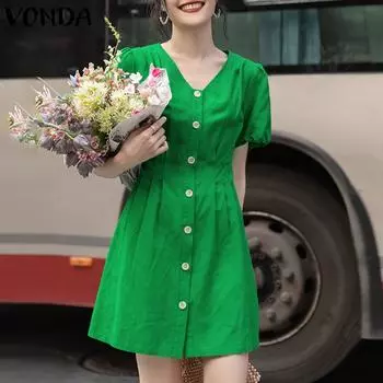 VONDA Женское мини-платье на пуговицах с V-образным вырезом и короткими рукавами