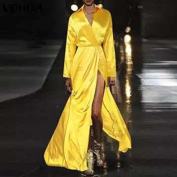 VONDA Женское модное однотонное атласное платье-рубашка с длинными рукавами и разрезом 3XL зелёный