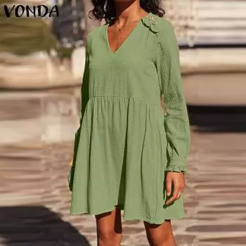 VONDA женское модное однотонное свободное платье с v-образным вырезом и длинными рукавами, украшенное пуговицами