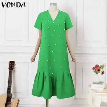 VONDA Женское модное платье больших размеров с V-образным вырезом и короткими рукавами, расшитое бисером, фасона «русалка»