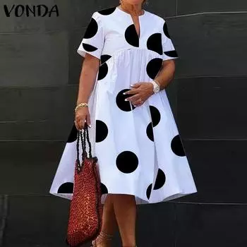 VONDA Женское модное платье больших размеров с круглым вырезом и коротким рукавом в горошек S чёрный