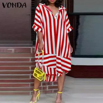 VONDA женское модное платье больших размеров с лацканами и средними рукавами в полоску с нерегулярным подолом S красный