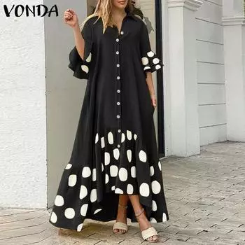 VONDA Женское модное платье-рубашка с оборками и рукавами средней длины в горошек S чёрный