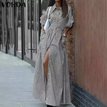 VONDA женское модное платье с воротником-рубашкой и короткими рукавами в клетку с разрезом на талии