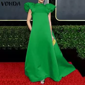 VONDA Женское модное свободное платье с коротким рукавом и воротником-стойкой