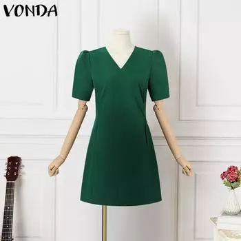 VONDA Женское облегающее мини-платье с рукавами-фонариками и V-образным вырезом S зелёный