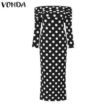 VONDA Женское облегающее платье с открытыми плечами и длинными рукавами в горошек S чёрный