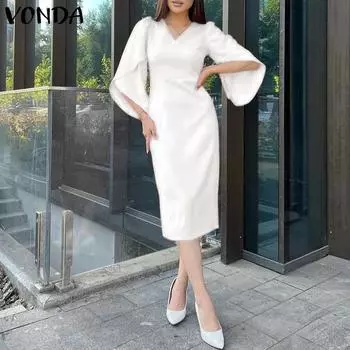 VONDA женское однотонное элегантное платье миди с v-образным вырезом и рукавами 3/4