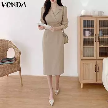 VONDA женское однотонное длинное платье с воротником и лацканами с длинным рукавом и талией