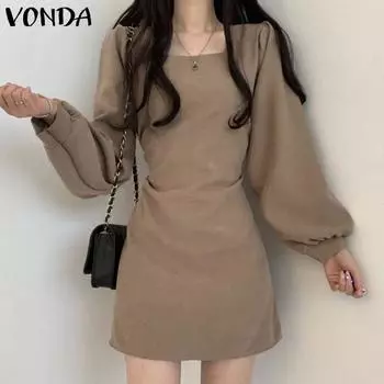 VONDA женское однотонное короткое платье трапециевидной формы с квадратным вырезом и пышной талией с длинными рукавами