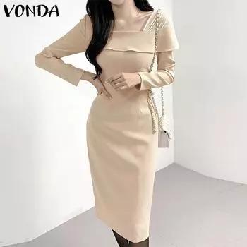 VONDA женское однотонное платье миди с квадратным вырезом и длинными рукавами на талии 3XL хаки