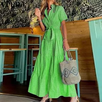 VONDA женское однотонное свободное длинное однотонное многослойное полосатое платье с воротником рубашки и короткими рукавами 4XL зелёный