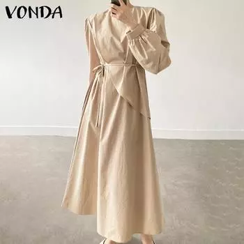 VONDA женское однотонное свободное длинное платье трапециевидной формы с круглым вырезом и длинными рукавами, асимметричный подол и ремень на талии