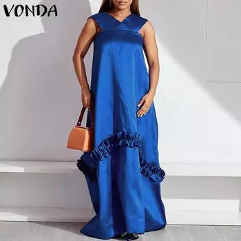 Женское однотонное свободное длинное платье трапециевидной формы без рукавов с v-образным вырезом больших размеров L королевский синий
