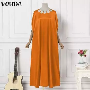 VONDA женское однотонное свободное платье большого размера с круглым вырезом и короткими рукавами M оранжевый