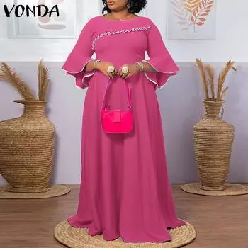 VONDA Женское однотонное свободное платье большого размера с круглым вырезом и расклешенной талией с длинными рукавами
