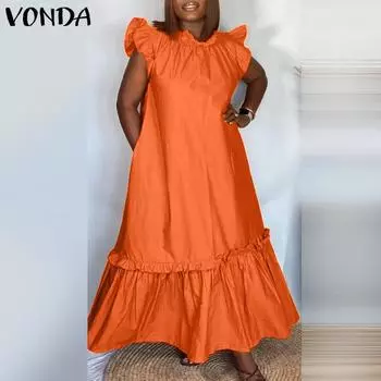 VONDA женское однотонное свободное платье большого размера с воротником-стойкой и летающими рукавами и рюшами S ярко-розовый