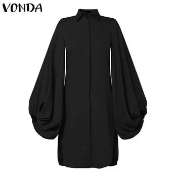 VONDA женское однотонное свободное платье-рубашка с длинным рукавом и воротником-рубашкой S темно-синий