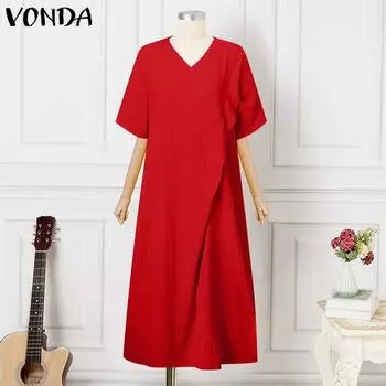 VONDA Женское Осеннее Платье Большого Размера с V-образным Вырезом и Рукавом-Половиной S чёрный