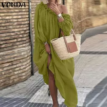 VONDA Женское Осеннее Платье Большого Размера С Открытыми Плечами Фонарь Длинный Рукав А-силуэта S зелёный