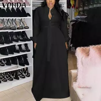 VONDA Женское Осеннее Платье-рубашка с длинным рукавом, однотонное, на бретелях, прямое M чёрный