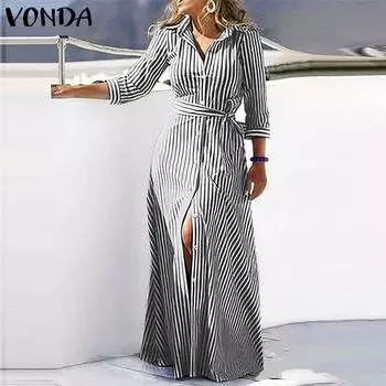 VONDA Женское осеннее полосатое платье-рубашка с рукавами 3/4 и разрезом на завязках M чёрный