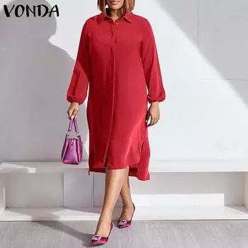 VONDA женское осеннее женское модное платье миди с воротником с лацканами и длинным рукавом