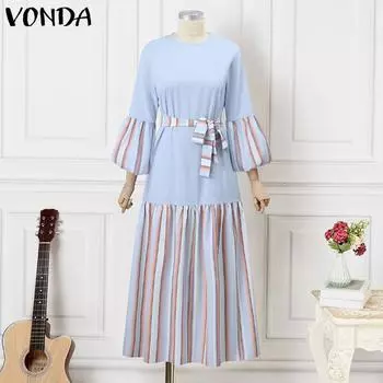 VONDA Женское платье большого размера с круглым вырезом и длинными рукавами в полоску M светло-синий