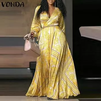 VONDA Женское платье макси с V-образным вырезом и длинными пышными рукавами с цветочным принтом M жёлтый