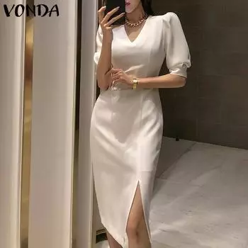 VONDA женское платье миди с рукавами-фонариками и разрезом с V-образным вырезом