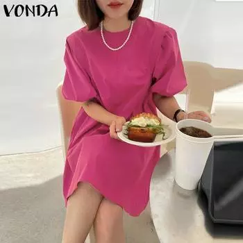 VONDA женское платье с круглым вырезом и короткими рукавами, облегающее талию