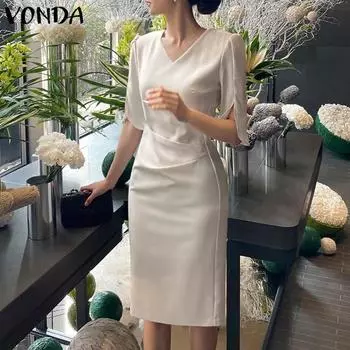 VONDA женское плиссированное однотонное платье с v-образным вырезом и половиной рукавов с разрезом на талии