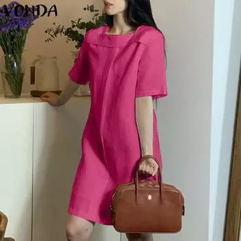 VONDA Женское плиссированное однотонное свободное платье с квадратным вырезом и короткими рукавами