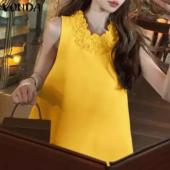 VONDA Женское повседневное кружевное платье с круглым вырезом без рукавов, однотонное свободное платье