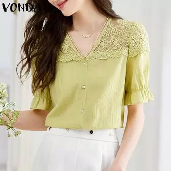 VONDA Женское Повседневное Кружевное Платье Свободного Покроя С Коротким Рукавом