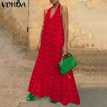 VONDA женское повседневное однотонное свободное платье без рукавов с v-образным вырезом и цветочным принтом