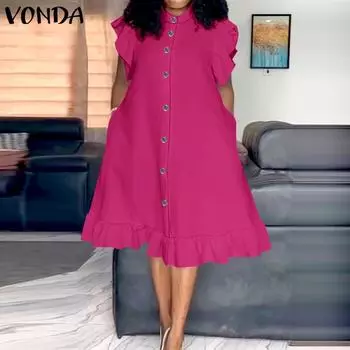 VONDA Женское повседневное платье большого размера с воротником-стойкой и короткими рукавами, однотонное платье 2XL зелёный