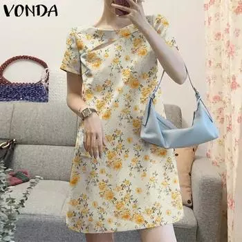 VONDA Женское повседневное платье с круглым вырезом и коротким рукавом с цветочным принтом S жёлтый
