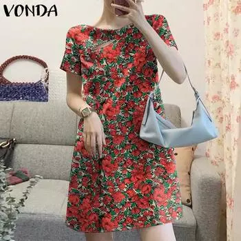 VONDA Женское повседневное платье с круглым вырезом и коротким рукавом с цветочным принтом 3XL красный