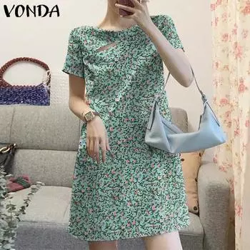 VONDA Женское повседневное платье с круглым вырезом и коротким рукавом с цветочным принтом S красный
