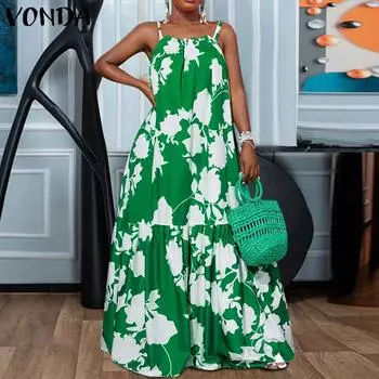 VONDA Женское повседневное платье с открытыми плечами без рукавов и цветочным принтом на подтяжках