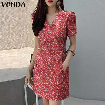 VONDA Женское повседневное платье с V-образным вырезом и коротким рукавом с цветочным принтом