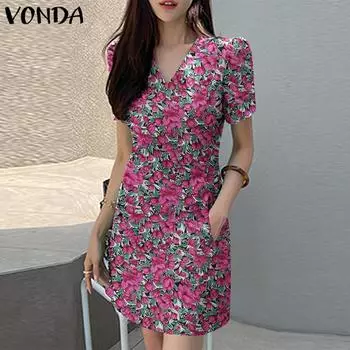 VONDA Женское повседневное платье с V-образным вырезом и коротким рукавом с цветочным принтом