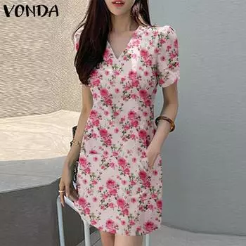 VONDA Женское повседневное платье с V-образным вырезом и коротким рукавом с цветочным принтом