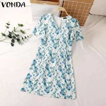 VONDA Женское повседневное платье с V-образным вырезом и коротким рукавом с цветочным принтом 5XL синий