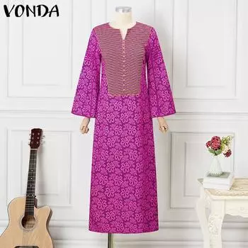 VONDA женское повседневное прямое свободное платье больших размеров с v-образным вырезом, расклешенным длинным рукавом и принтом M ярко-розовый