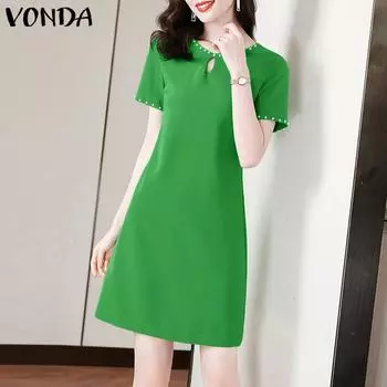 VONDA женское повседневное сплошное цветное свободное платье с короткими рукавами и круглым вырезом из бисера M зелёный