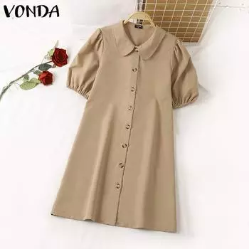 VONDA женское повседневное свободное платье с кукольным воротником и короткими рукавами на пуговицах