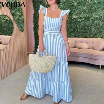 VONDA женское повседневное свободное платье в полоску с квадратным вырезом и рюшами и рукавами